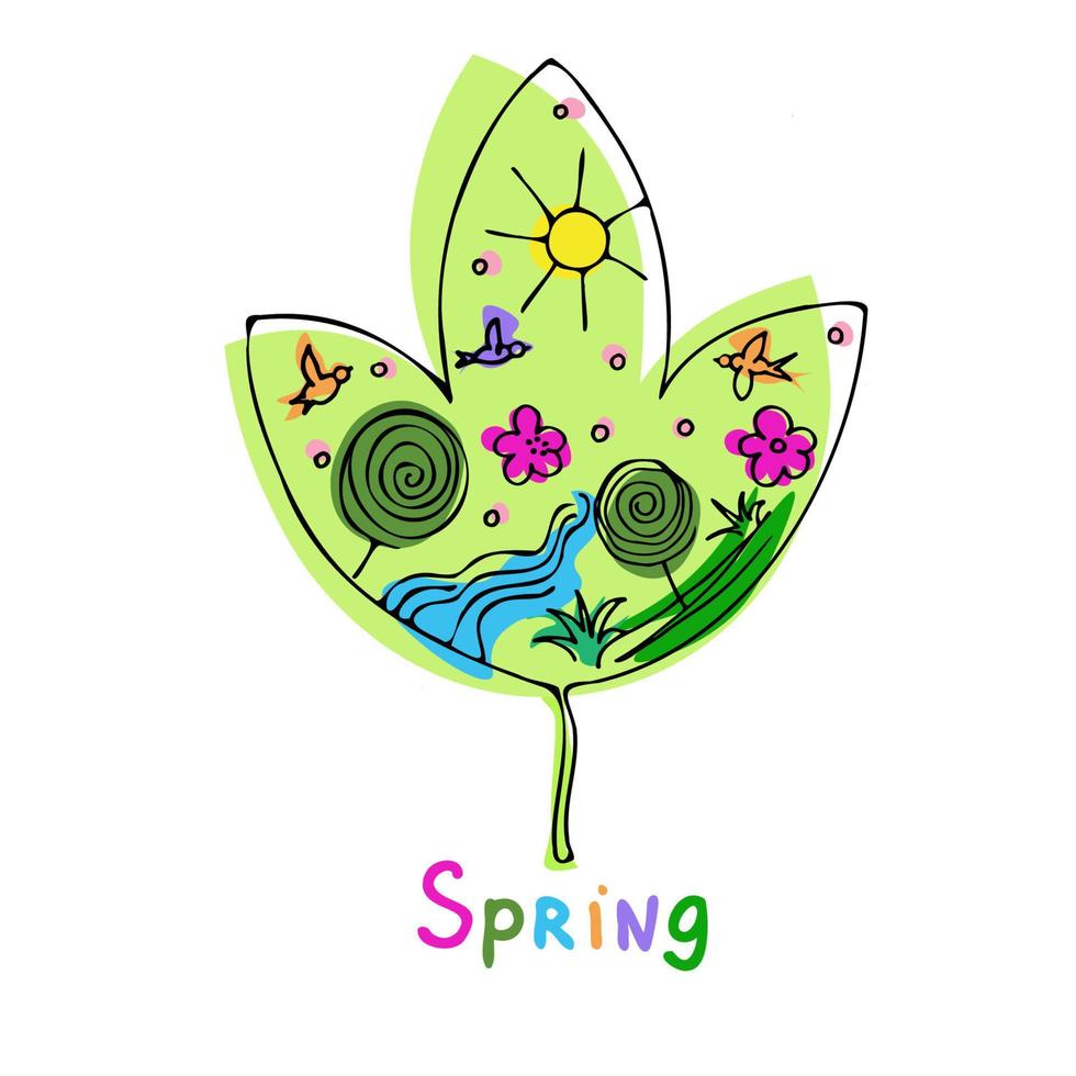 garabatos de spring.vector. linda ilustración con sol, árboles, pájaros de arroyo y flores. para el diseño vector