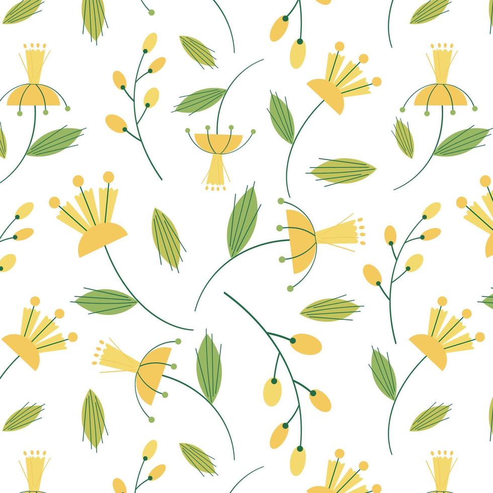 Cute seamless repeat pattern with yellow flowers on white background, fresh spring floral motif. Drawing of bright flowers in a pattern for textiles, wrapping paper and packaging design. Vector