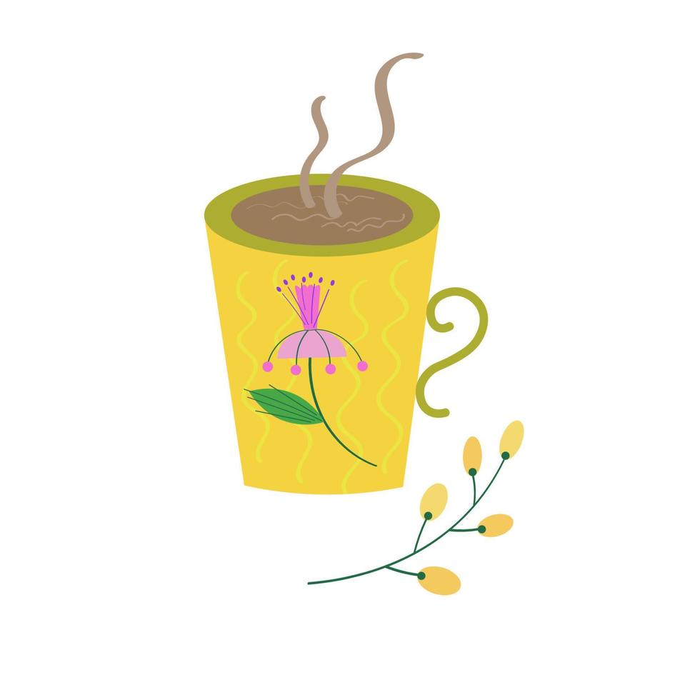 Cute cup of hot coffee with a branch. Hand drawn funny yellow cup with pink floral ornament. Modern utensils with a handle.Vctor vector