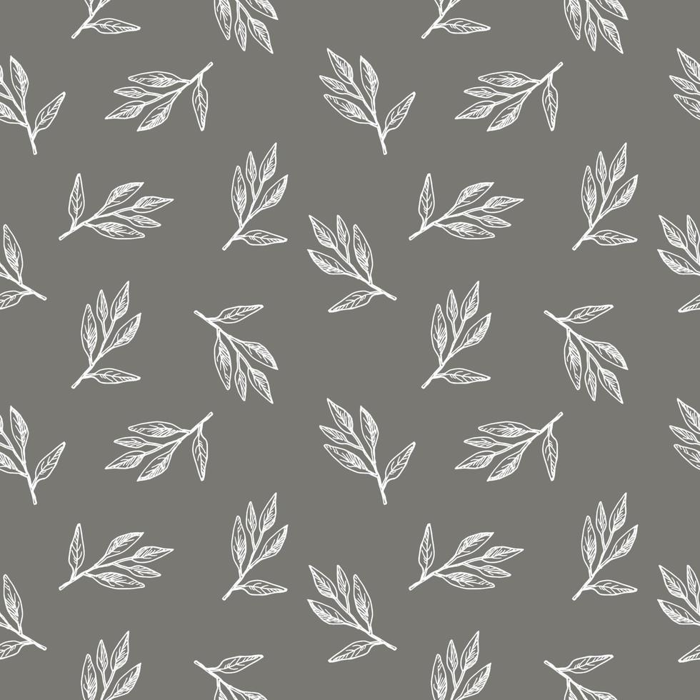 Cute seamless repeat pattern with sage leaves on gray background, botanical motif. Hand drawn sage in pattern for textile, wrapping paper and packaging design. Vector
