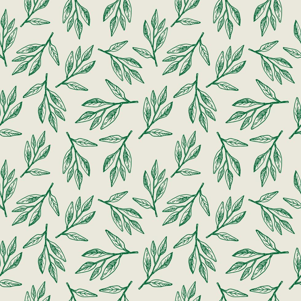 Cute seamless repeating pattern with a sage branch on a light background, floral motif. Hand drawn green leaves in a pattern for design, textile, wrapping paper and packaging design.Vector vector