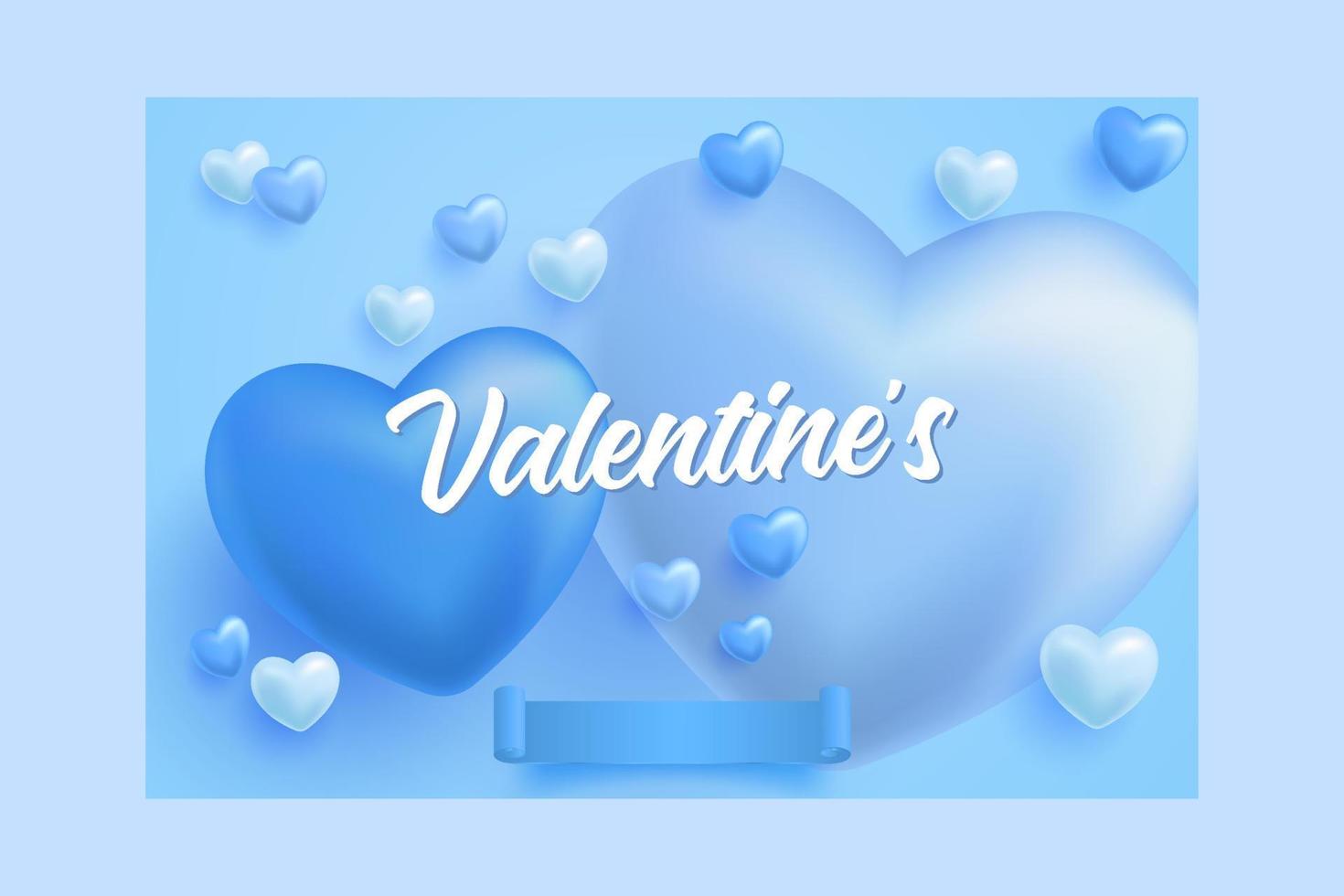 feliz día de san valentín banner en fondo azul, corazón icono 3d con fondo degradado vector