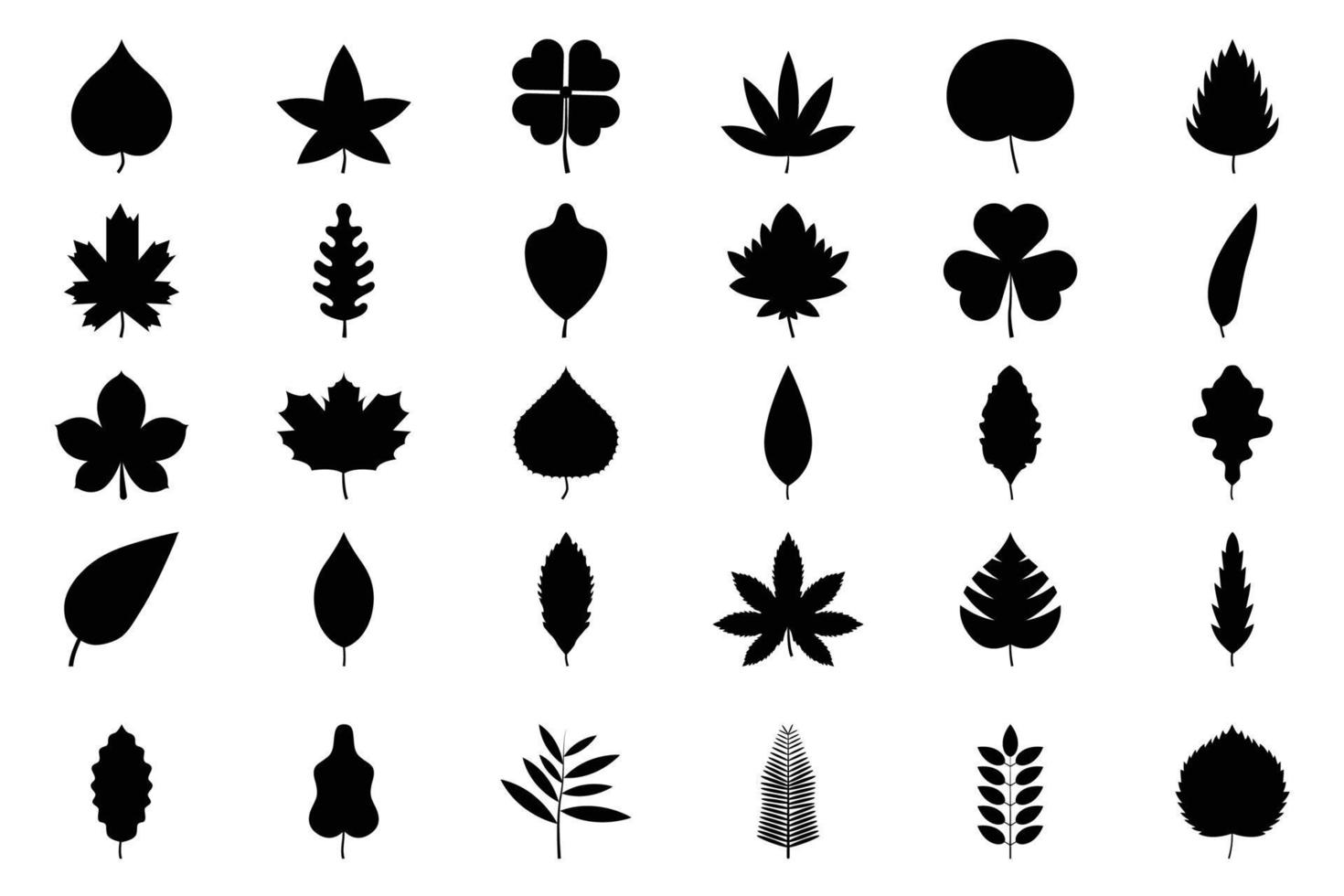 conjunto de hojas de árbol negro. hojas de roble, álamo temblón, tilo, arce, castaño, trébol y plantas. vector