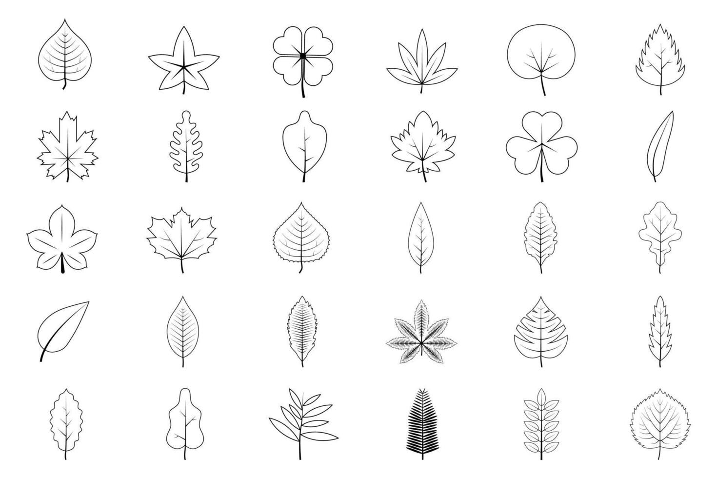 conjunto de hojas de árbol de contorno. hojas de roble, álamo temblón, tilo, arce, castaño, trébol y plantas. vector