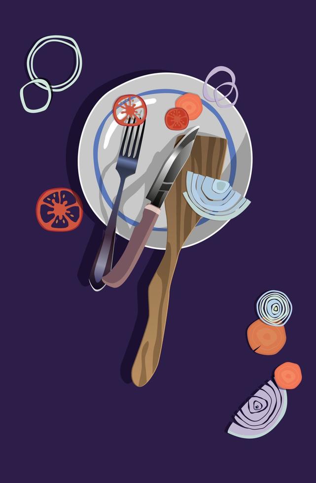 Still life of cutlery with vegetables. Vector. vector