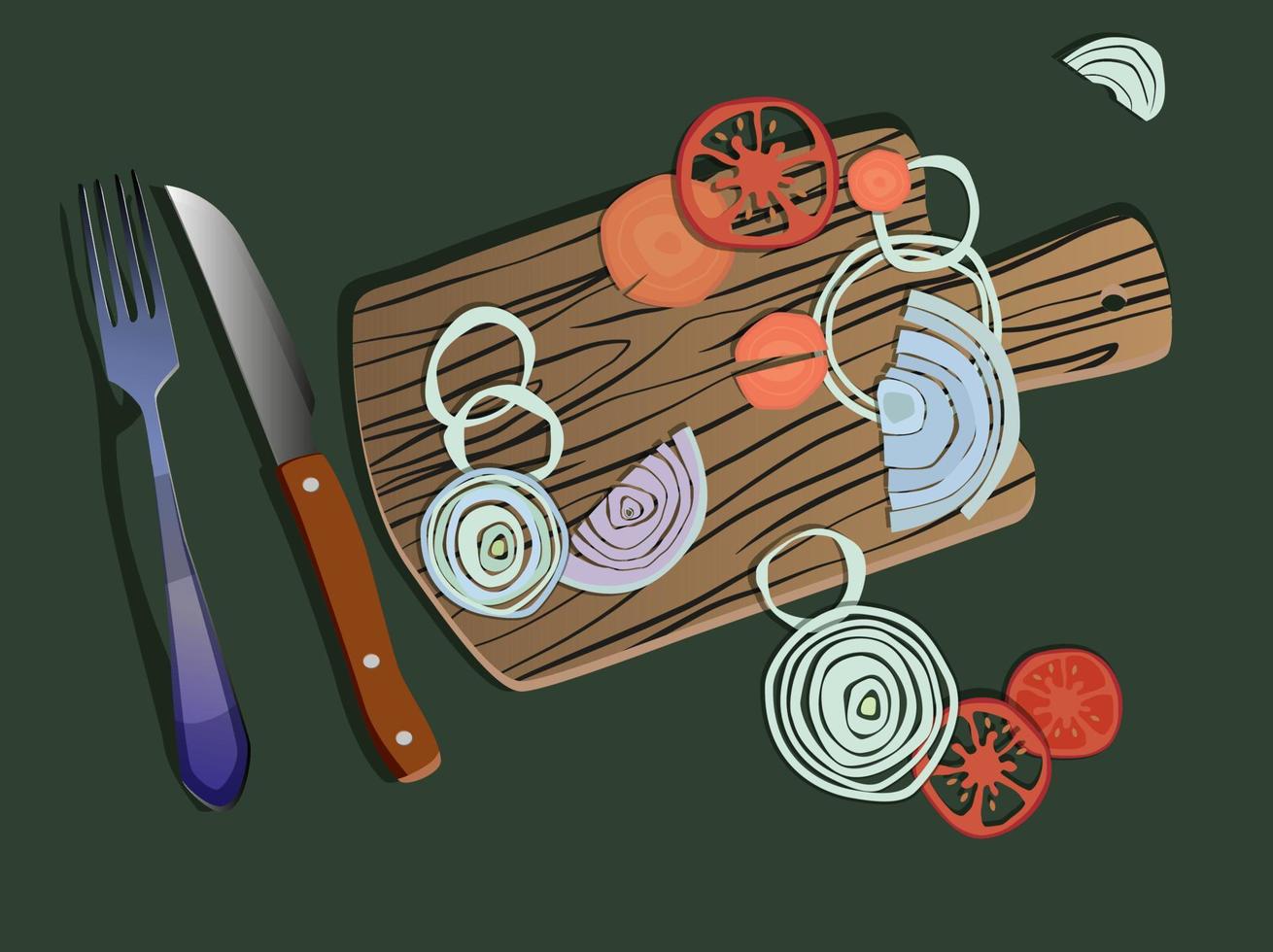 Finely chopped vegetables on a cutting board and a knife with a fork. vector