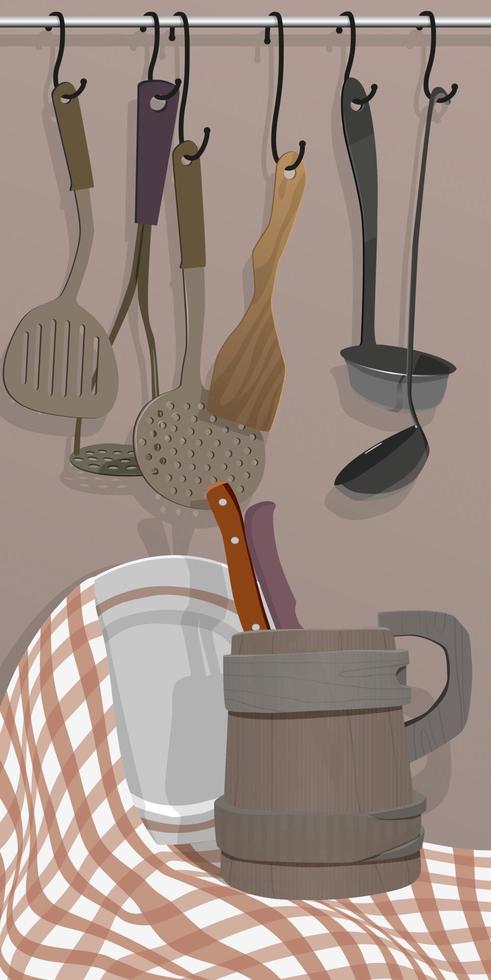 Kitchen still life from a wooden mug and cooking utensils. Vector. vector