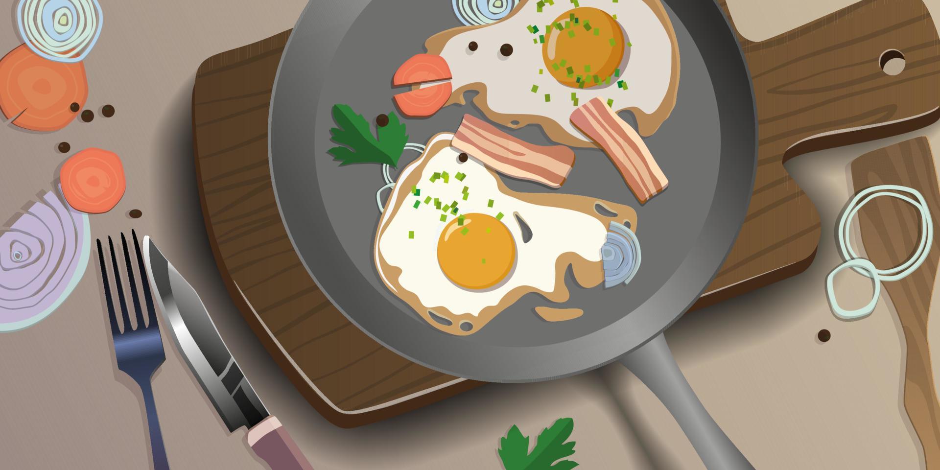 Fried eggs with bacon, vegetables and herbs. Vector. vector