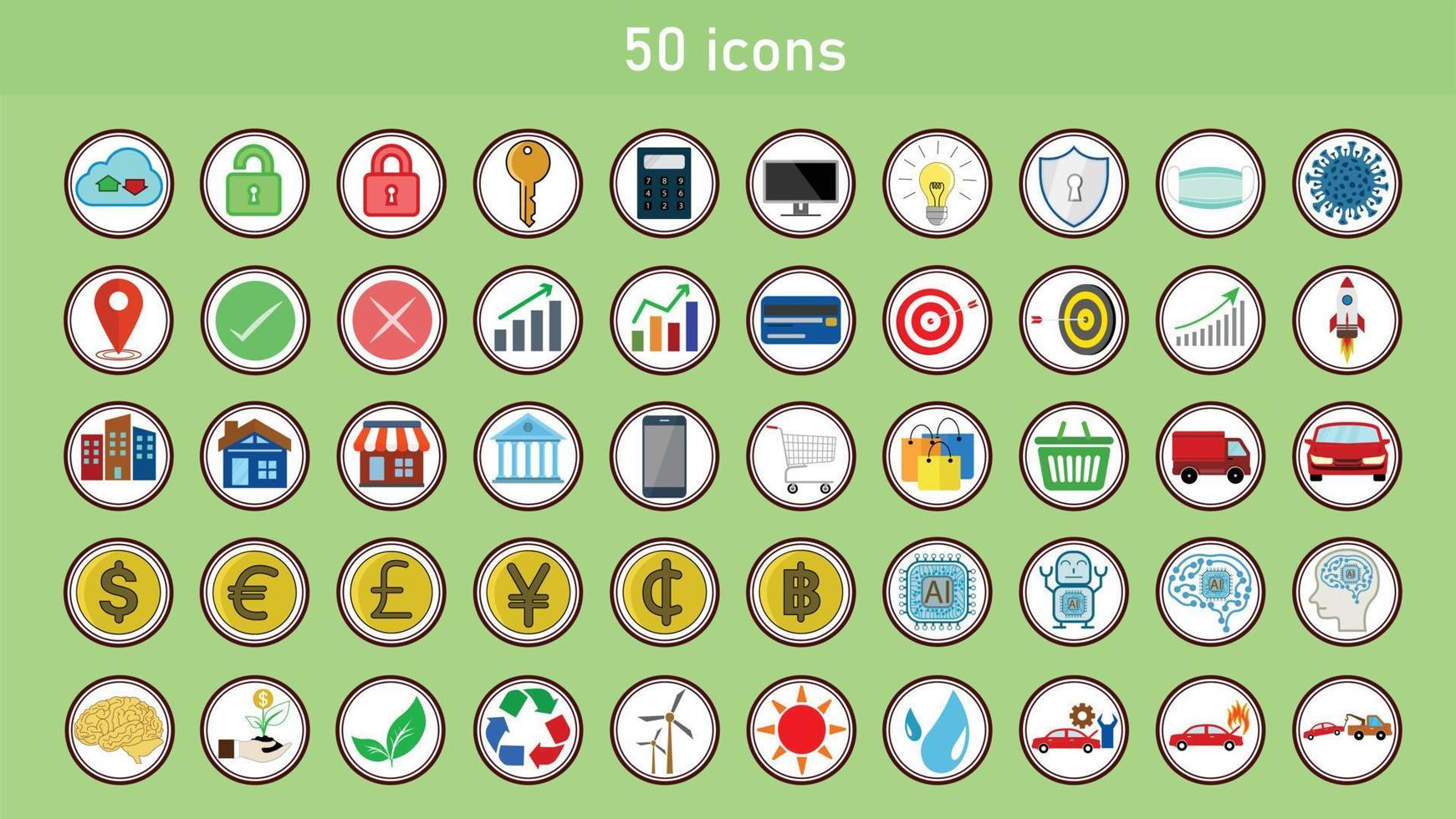 50 icons, Data and analysis, Ecology and recycle, Business and Finance, Online marketing and shopping, Artificial Intelligence, Car insurance vector