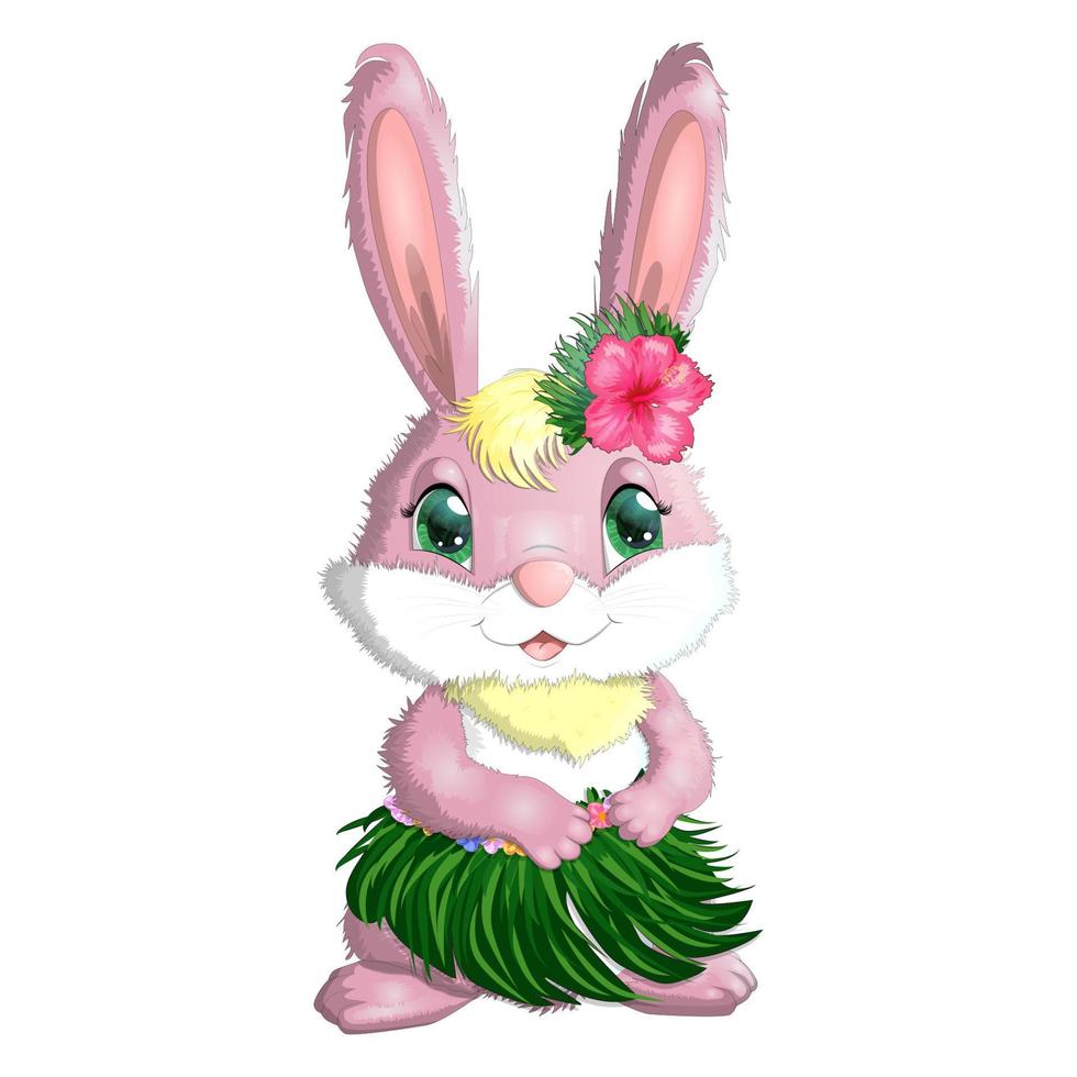 lindo conejo, liebre con ropa hawaiana bailando hula. corona y guirnalda de flores, playa, vacaciones, concepto de vacaciones. vector