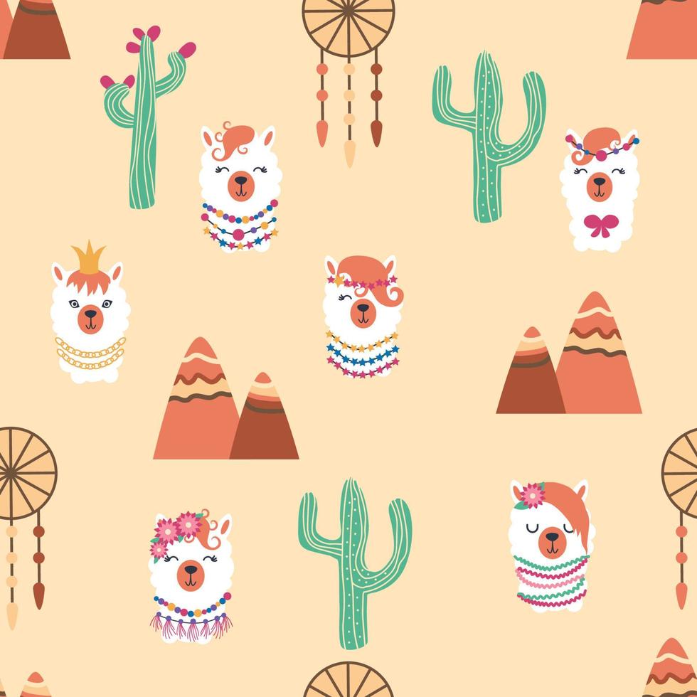 patrón impecable con llama, caras de alpaca. lindos dibujos de cabeza de llama con corazones, inscripción, montañas, cactus, estrella, atrapasueños vector