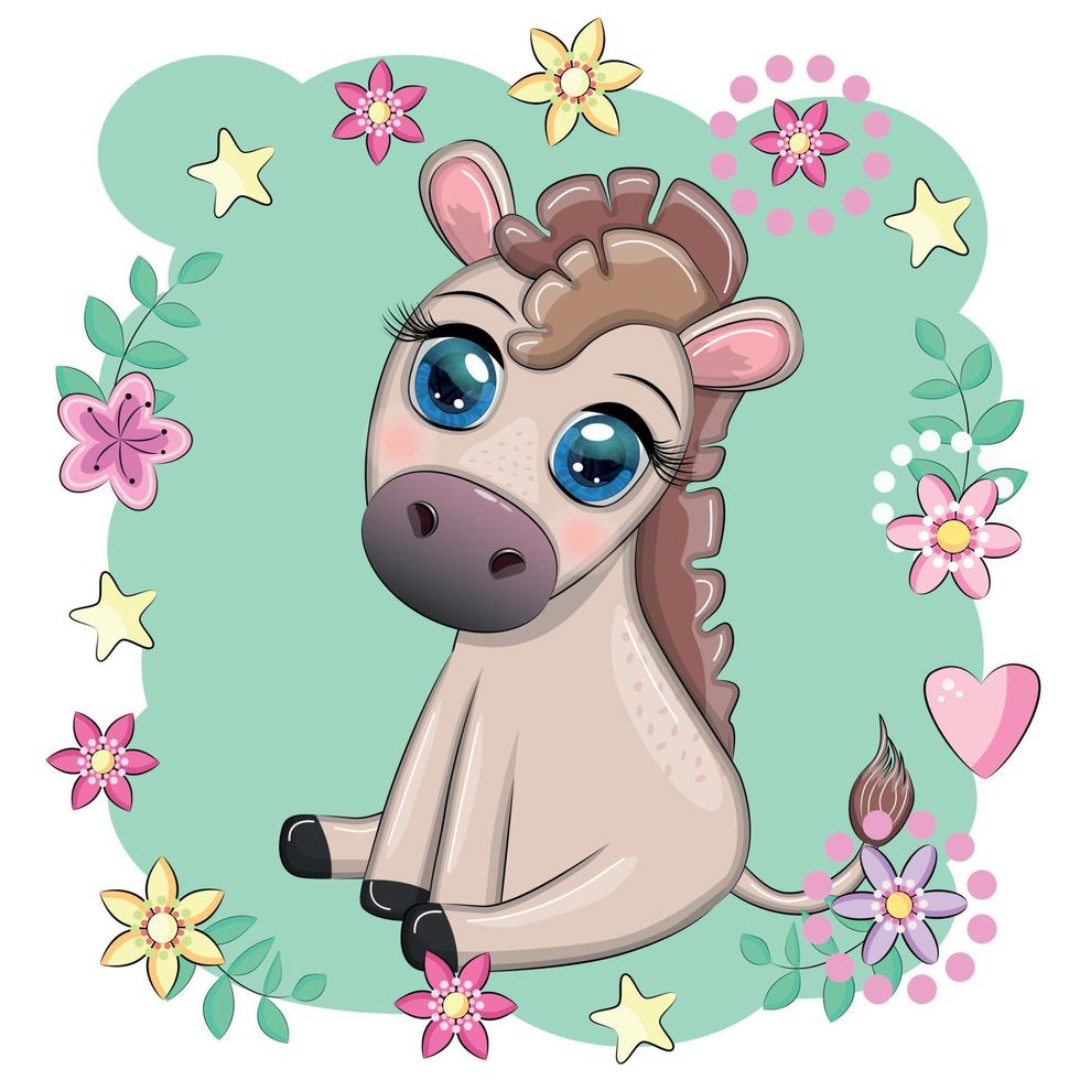 Cute donkey in flowers, with balloons, spring theme. Postcard for the holiday. vector