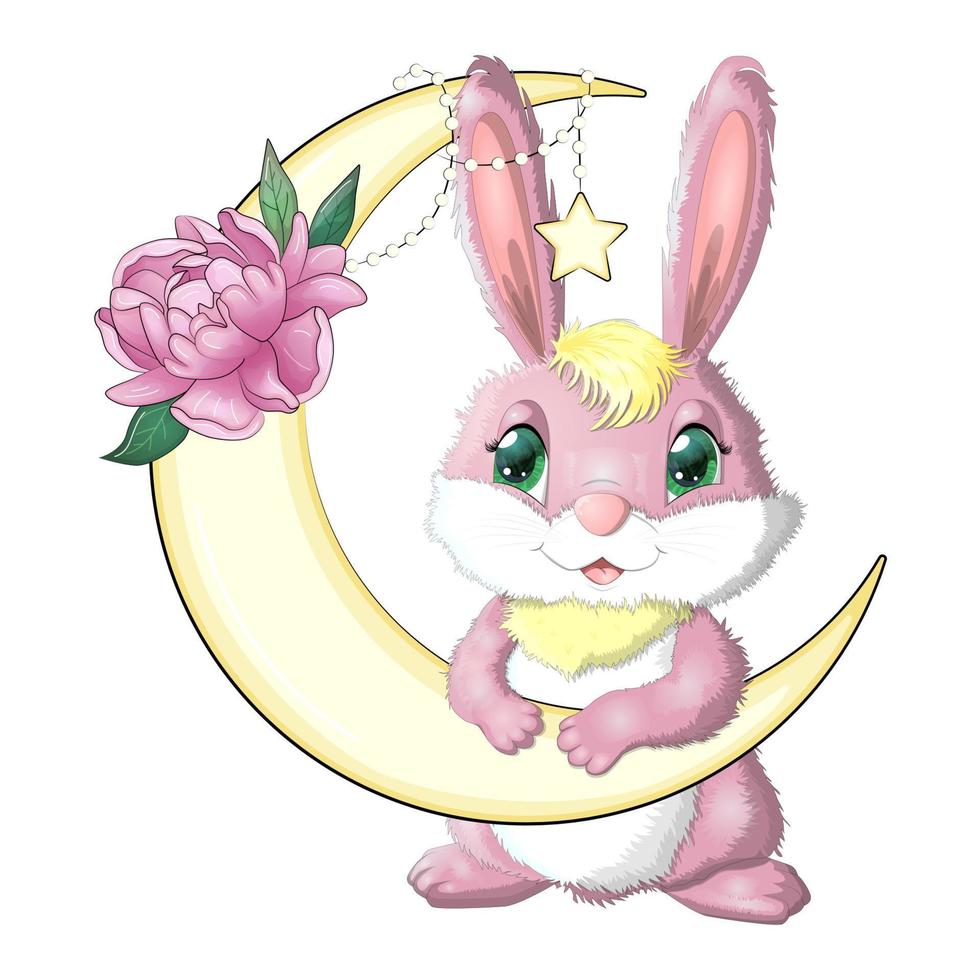 conejo de dibujos animados, liebre en la luna con flores y estrellas. lindo personaje infantil, símbolo del nuevo año chino 2023 vector
