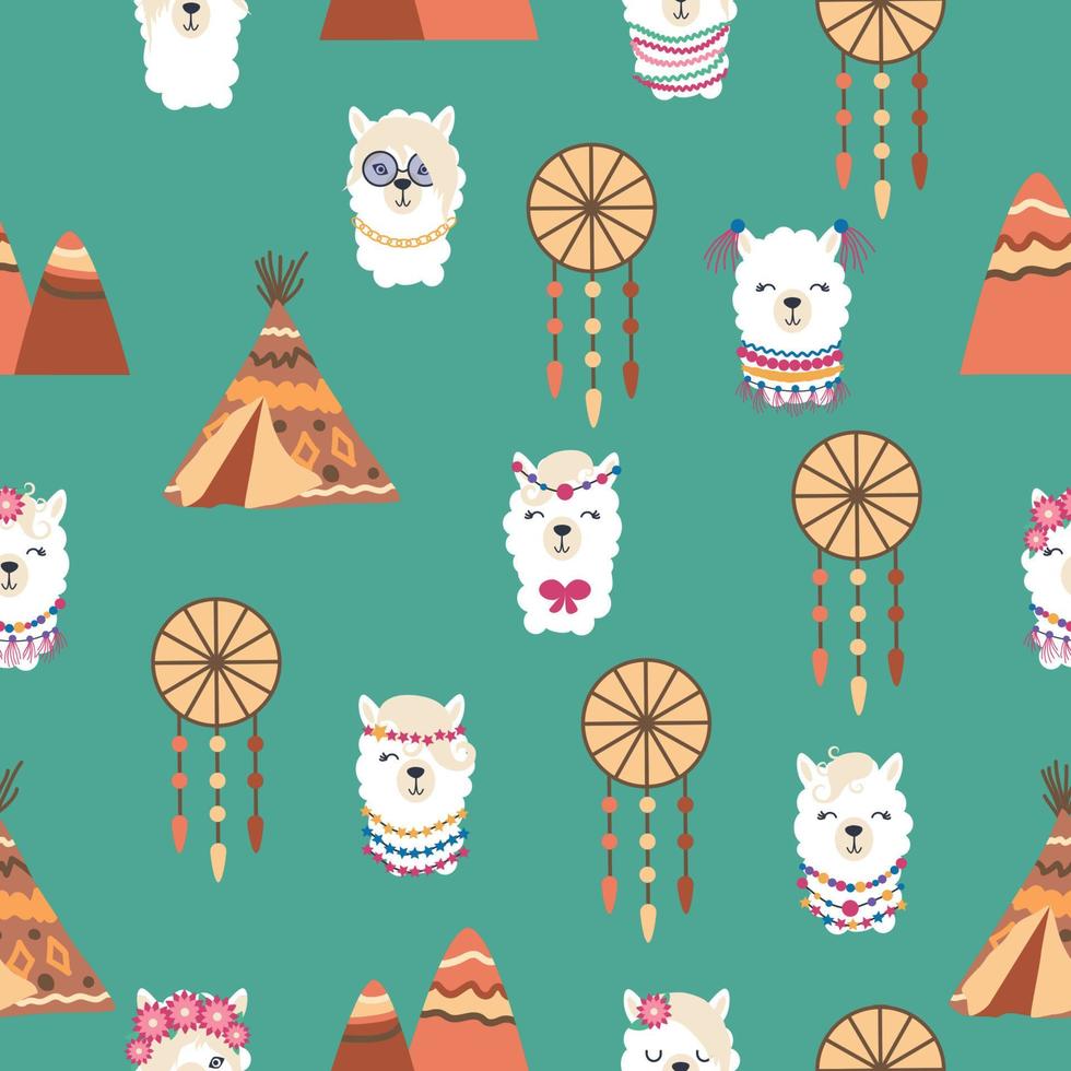 Seamless pattern with llama, alpaca faces. Cute drawings of llama head with hearts, inscription, mountains, cacti, star, dreamcatcher vector