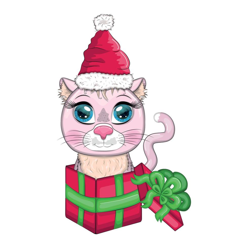 lindo gato de dibujos animados en un sombrero de santa en una caja de regalo, concepto de regalo de año nuevo. invierno 2023, navidad y nuevo chino vector