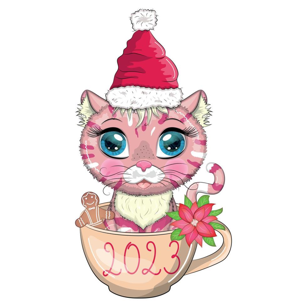 Cute cartoon cat in a Santa hat in a cup with cookies and an inscription. Winter 2023, Christmas and Chinese New vector