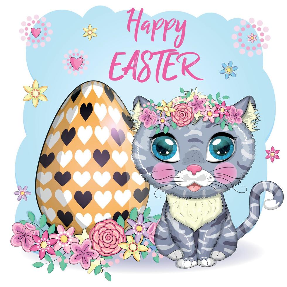 Cute cartoon Cat near a beautiful Easter basket full of eggs. Happy Easter card vector