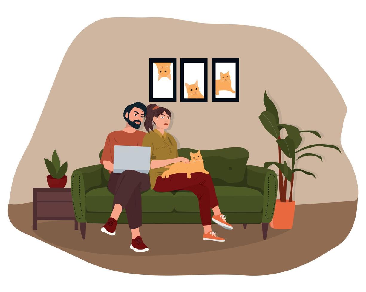 Young couple at home with cat vector