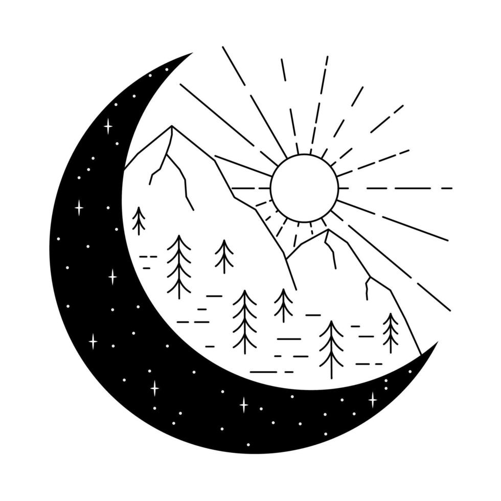 Mountain monoline or line art. Day and night. Vector illustration