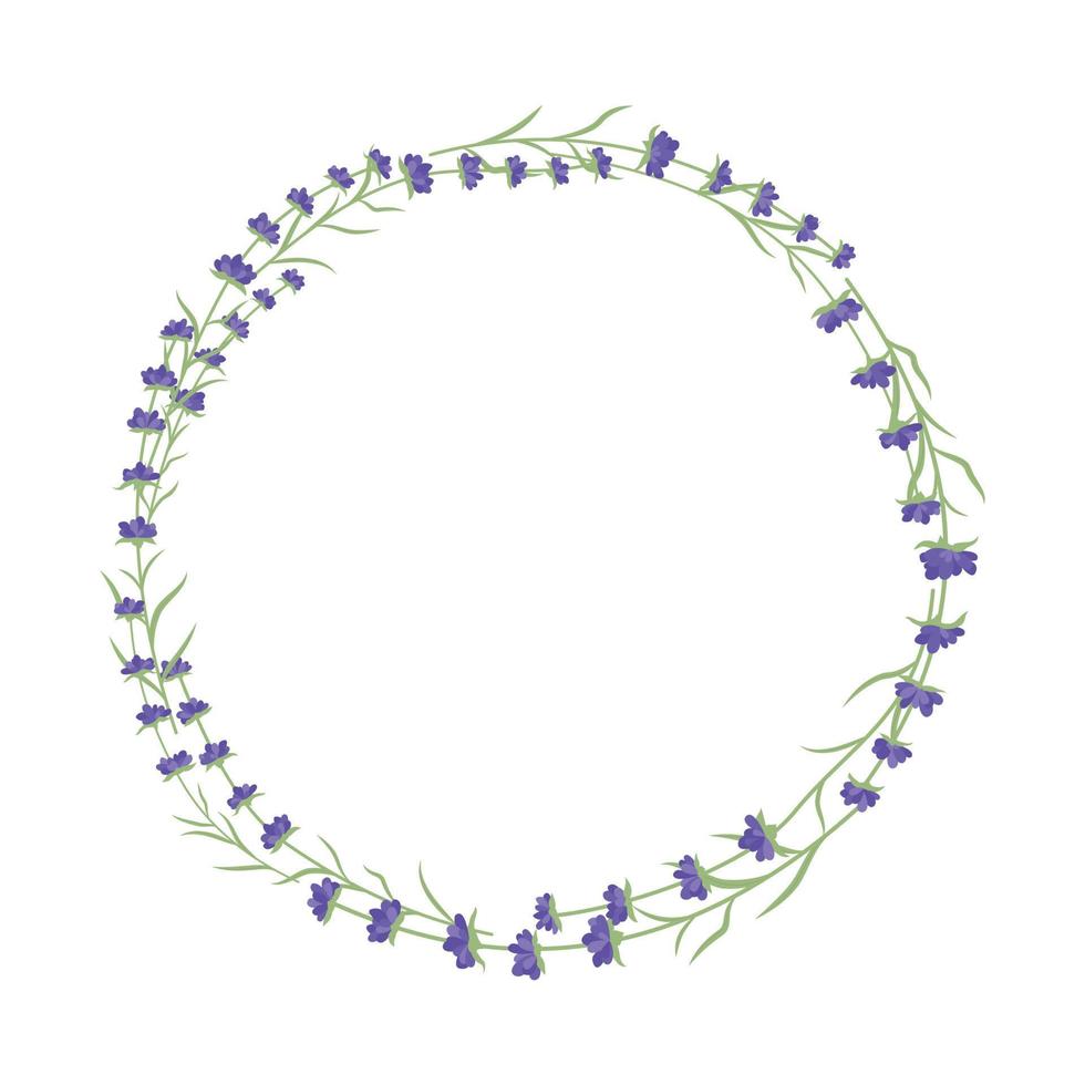 Lavender round wreath. Wedding invitation card. Circle frame with lavender flowers. Isolated on white background. Vector illustration.