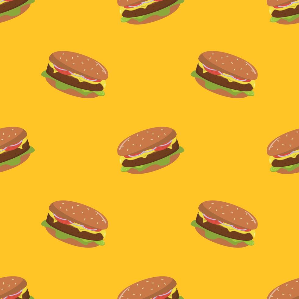 Colorful Burger seamless pattern on yellow background. Hamburger seamless pattern for wrapping, texture and print. Background for cafe and fastfood vector