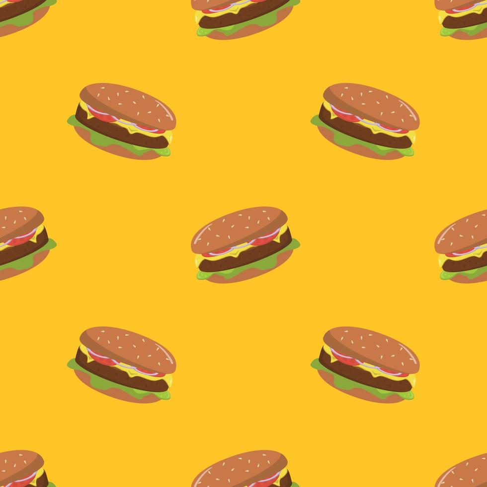 Colorful Burger seamless pattern on yellow background. Hamburger seamless pattern for wrapping, texture and print. Background for cafe and fastfood vector