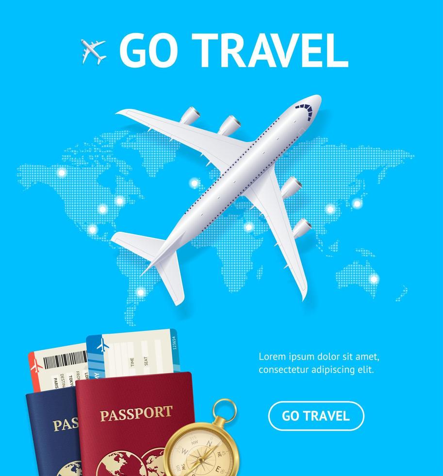 Realistic 3d Detailed Airplane and Go Travel Concept Card. Vector