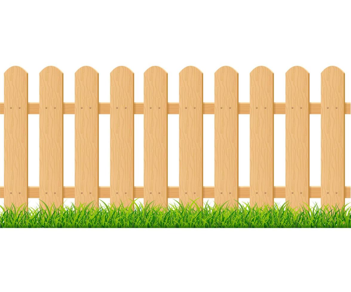 Realistic Detailed 3d Brown Wood Fence with Green Grass. Vector