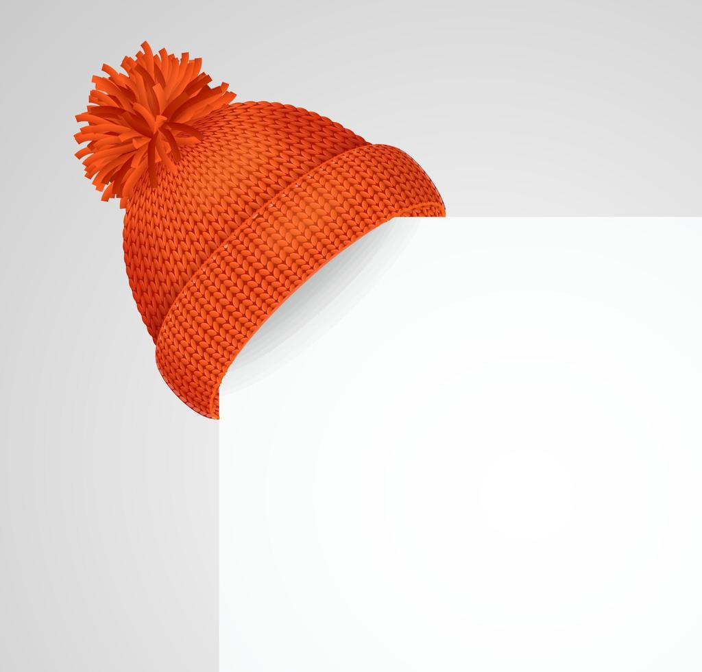 Realistic 3d Detailed Red Knitted Hat on a Corner White Sheet of Paper . Vector