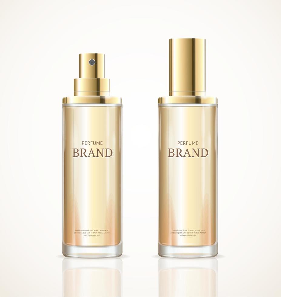 Realistic Detailed 3d Blank Perfume Bottle Gold Template Mockup Set. Vector