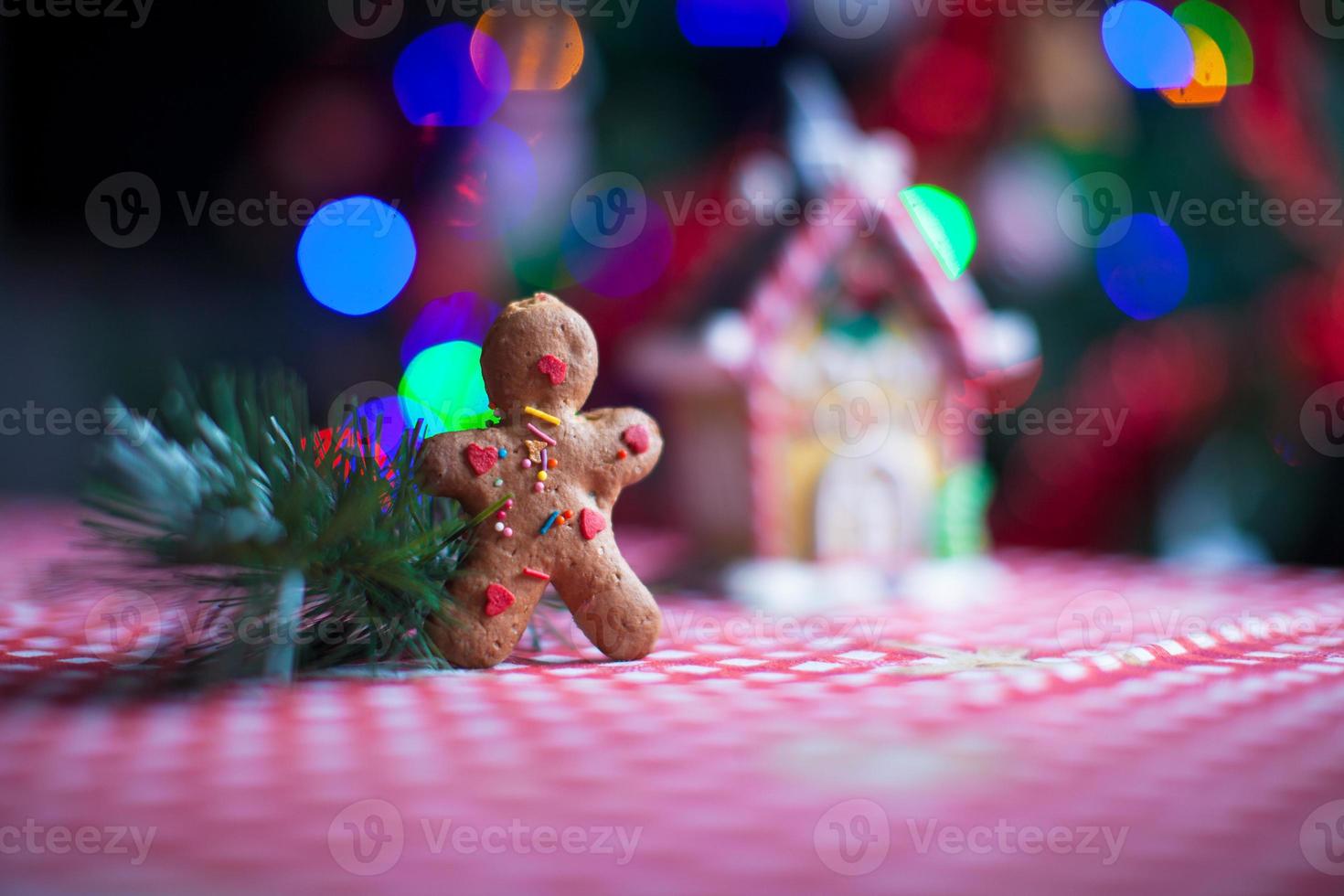 Gingerbread man in front of his candy ginger house background the Christmas tree lights photo