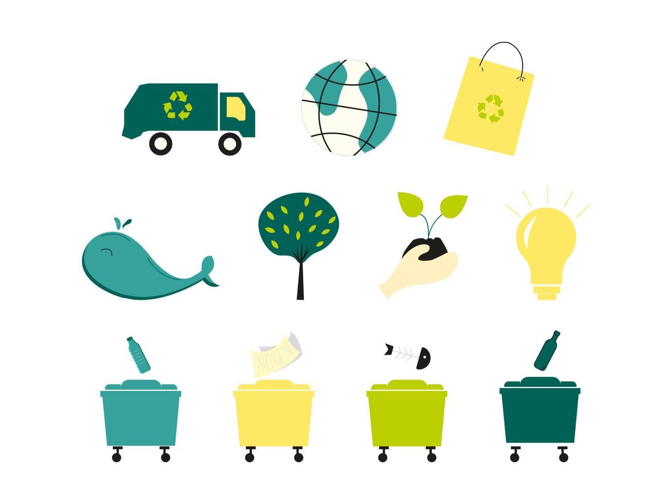 la colección de elementos de reciclaje incluyó camión de basura, bolsa de papel, árbol, planta, bombilla, botes de basura, ballena como habitante del océano. vector