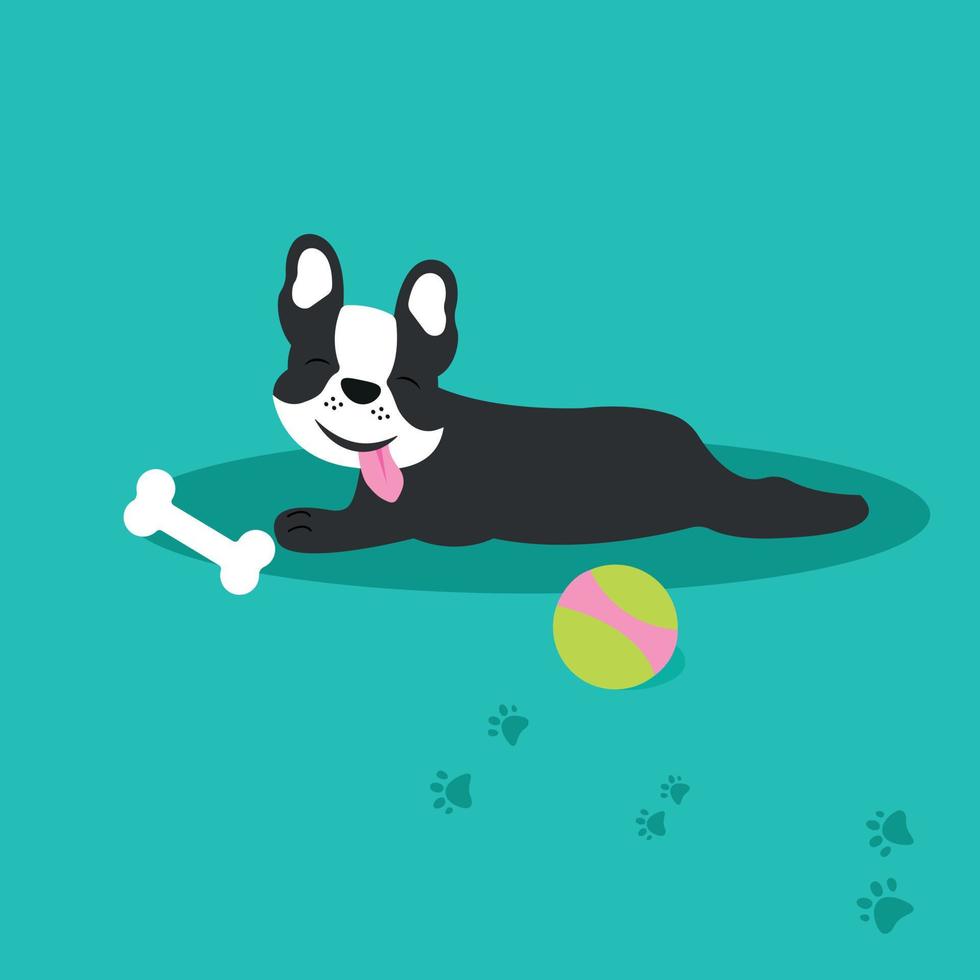 bulldog francés jugando con pelota y hueso. concepto para peluquería de perros, peluquería, tienda para mascotas. vector