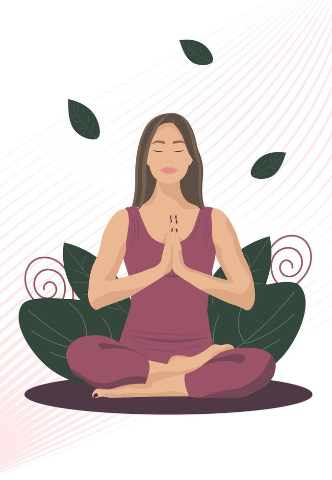 Young woman doing yoga. Girl sitting in the lotus position. Female sits with legs crossed and peaceful face. vector