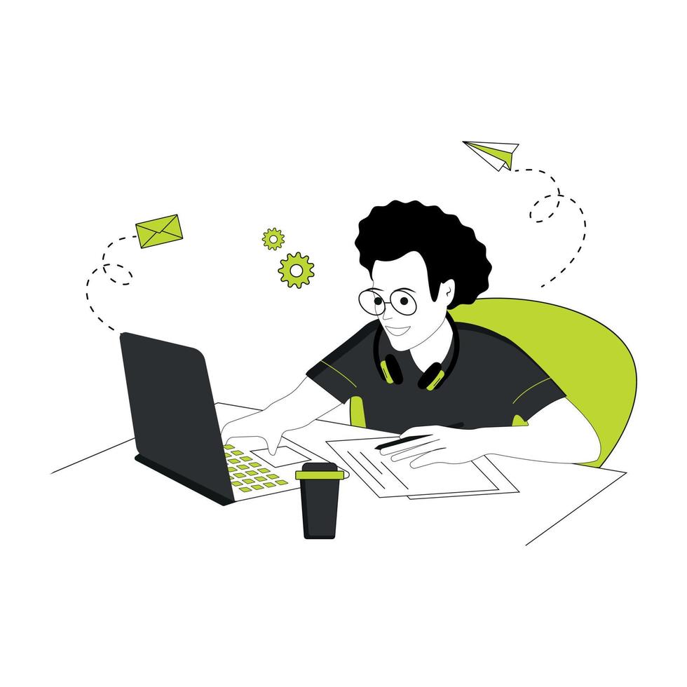 Character sittinig at desk, looking at laptop, studying, working with coffee and headphones. Online work and education concept. Flat vector illustration isolated on white background.
