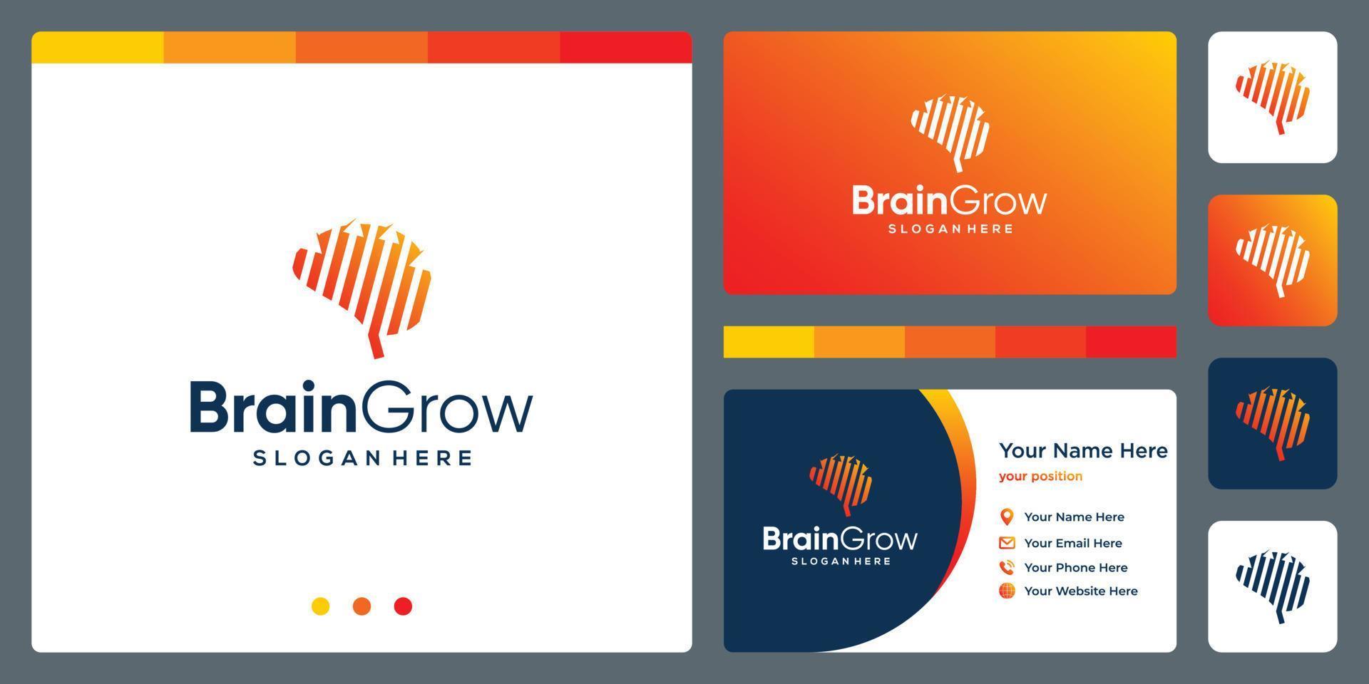 brain technology logo with growth investment arrow and business card design template vector
