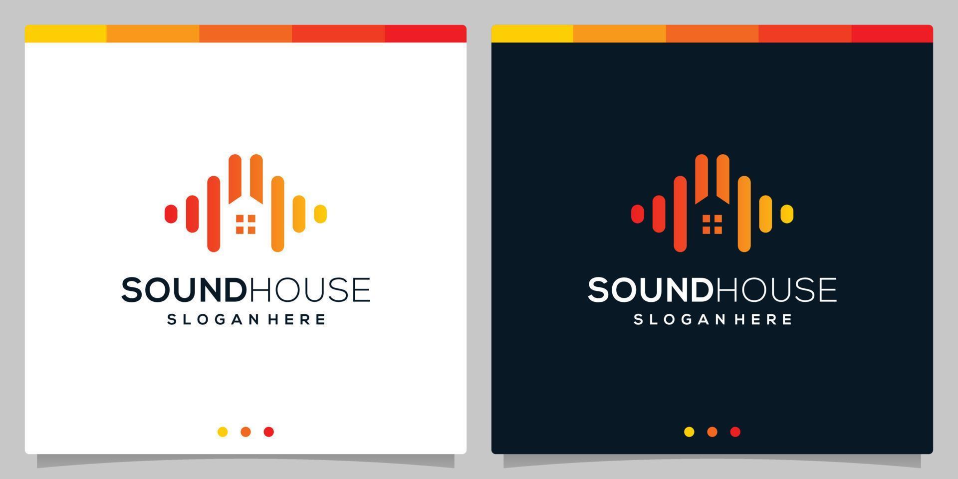 house building negative space logo with sound audio wave logo concept elements. Premium vector