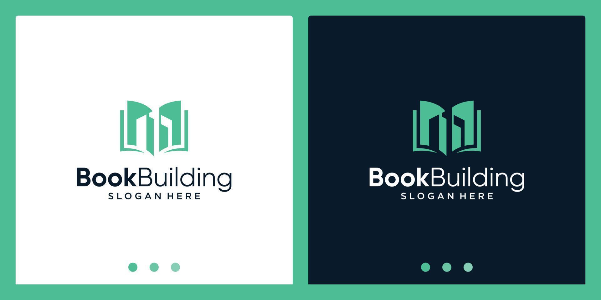 Inspiración en el diseño del logotipo del libro abierto con el logotipo del diseño del edificio. vector premium
