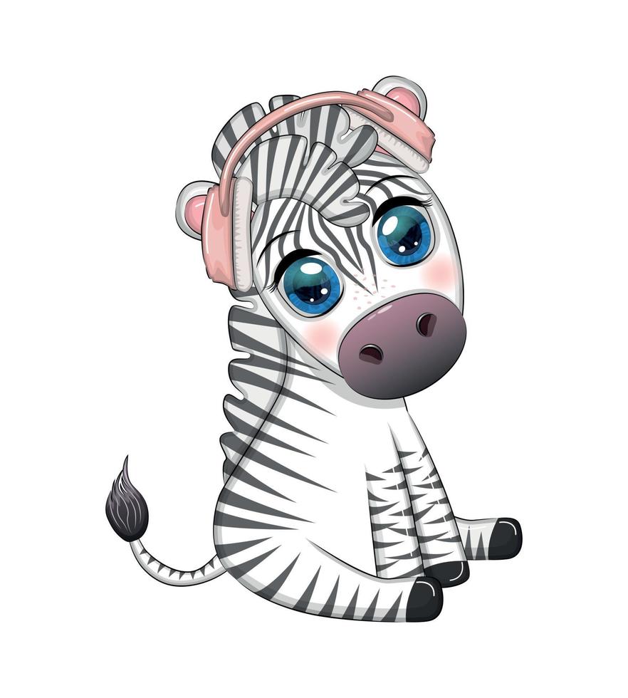 Cute zebra in headphones, love for music. Notes and treble clefs vector