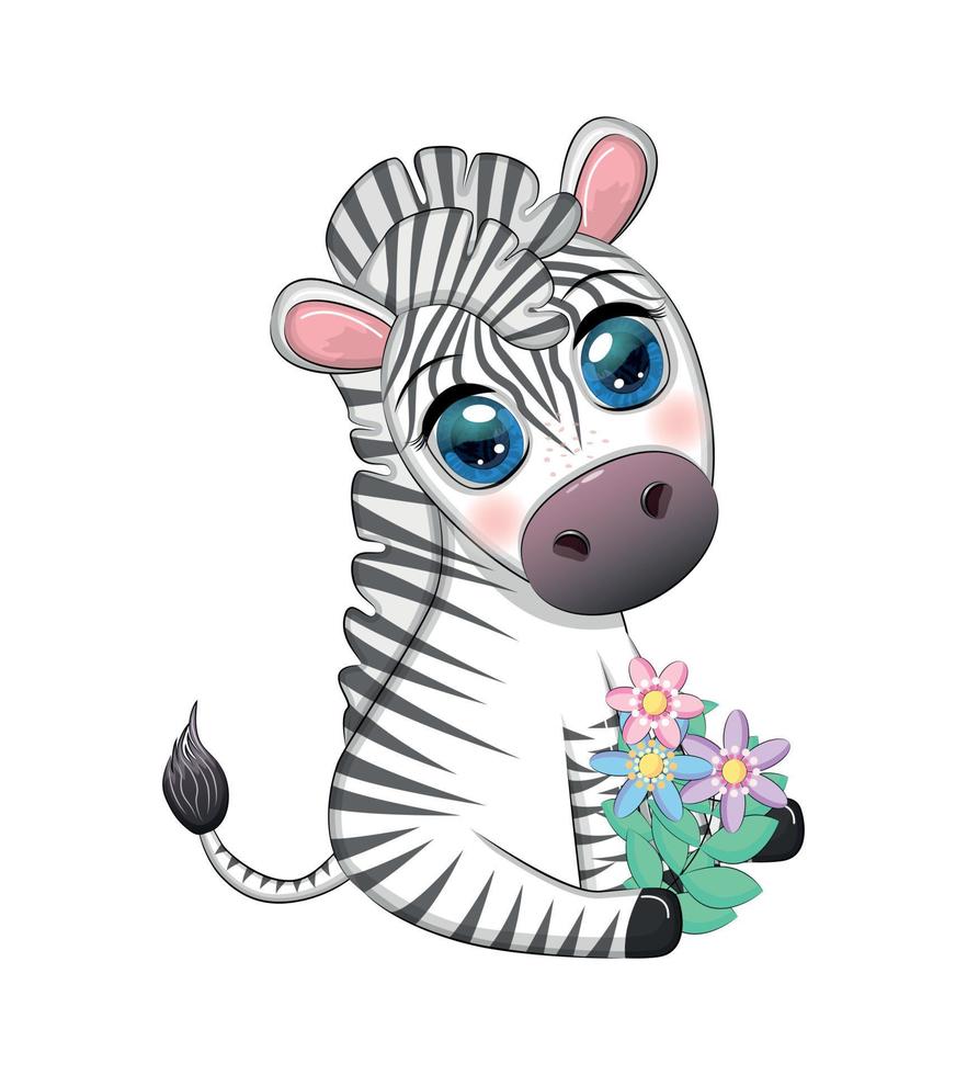 Striped zebra in a wreath of flowers, with a bouquet. Spring is coming vector