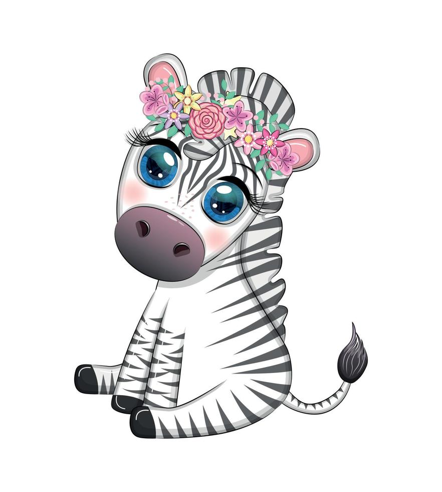 Striped zebra in a wreath of flowers, with a bouquet. Spring is coming vector