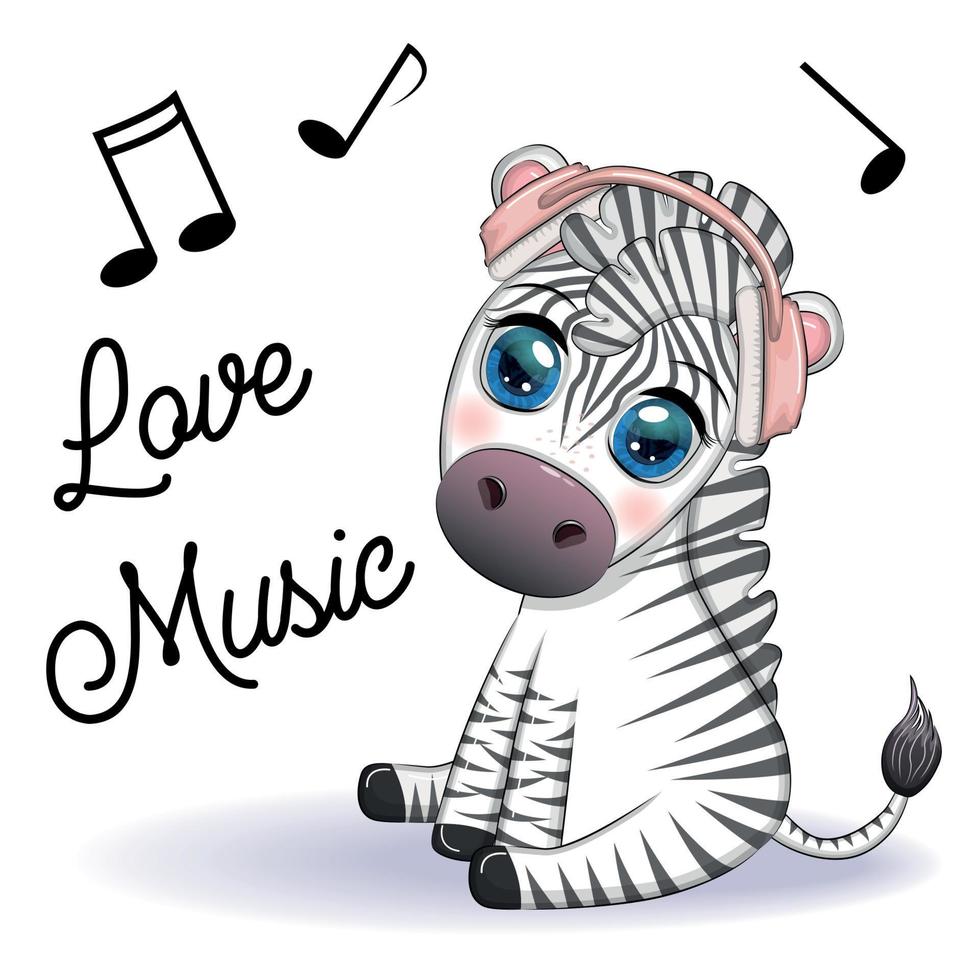 Cute zebra in headphones, love for music. Notes and treble clefs vector