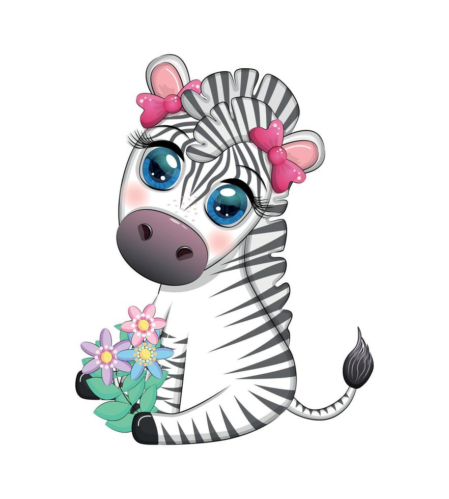 Striped zebra in a wreath of flowers, with a bouquet. Spring is coming vector
