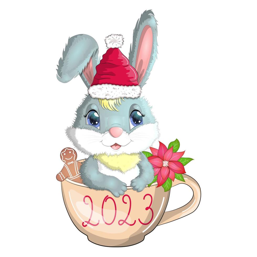 A cute cartoon rabbit in a Santa hat sits in a cup with cookies and poinsettia. Winter 2023, Christmas and New Year vector
