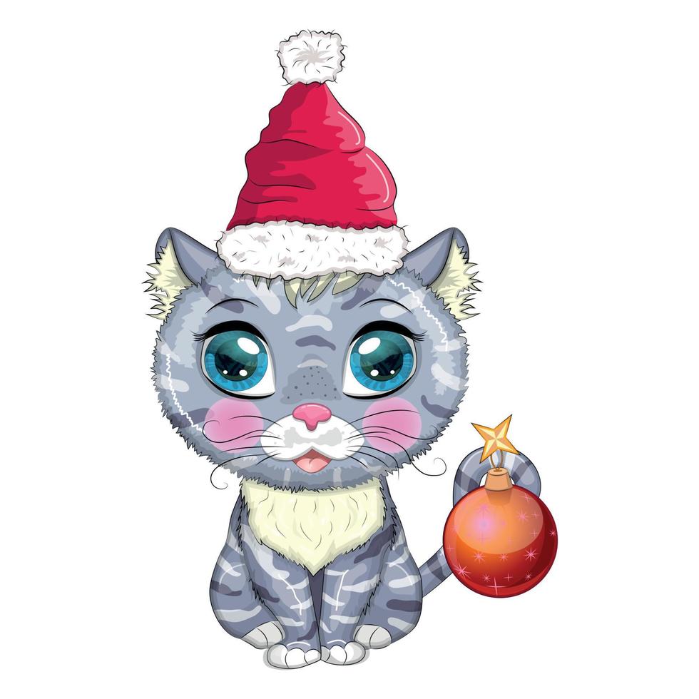 lindo gato de dibujos animados con sombrero de santa con regalo, bola de navidad, candy kane. invierno 2023, navidad y nuevo chino vector