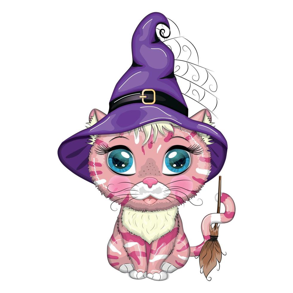 Cartoon cat in purple witch hat with broom, pumpkin, potion. Halloween character, poster. symbol of 2023 vector