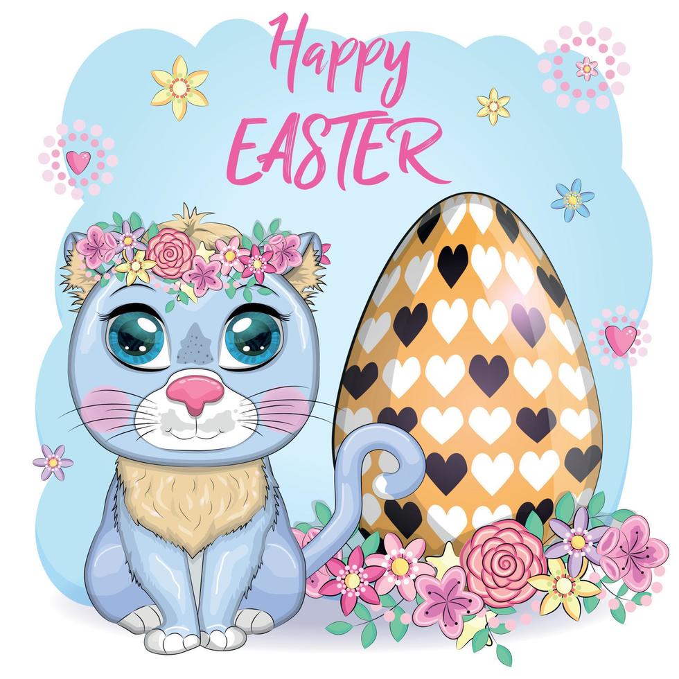 lindo gato de dibujos animados cerca de una hermosa canasta de Pascua llena de huevos. feliz tarjeta de pascua vector