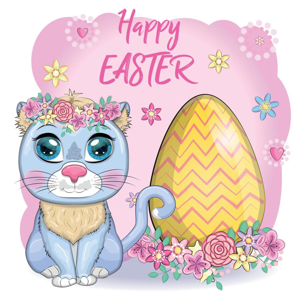Cute cartoon Cat near a beautiful Easter basket full of eggs. Happy Easter card vector