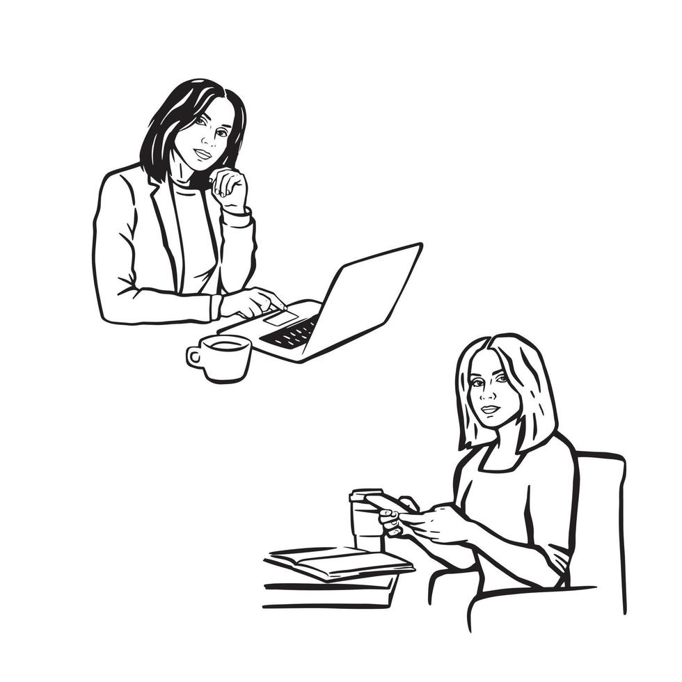 Woman remote work by phone, computer online monochrome, websites vector illustrations