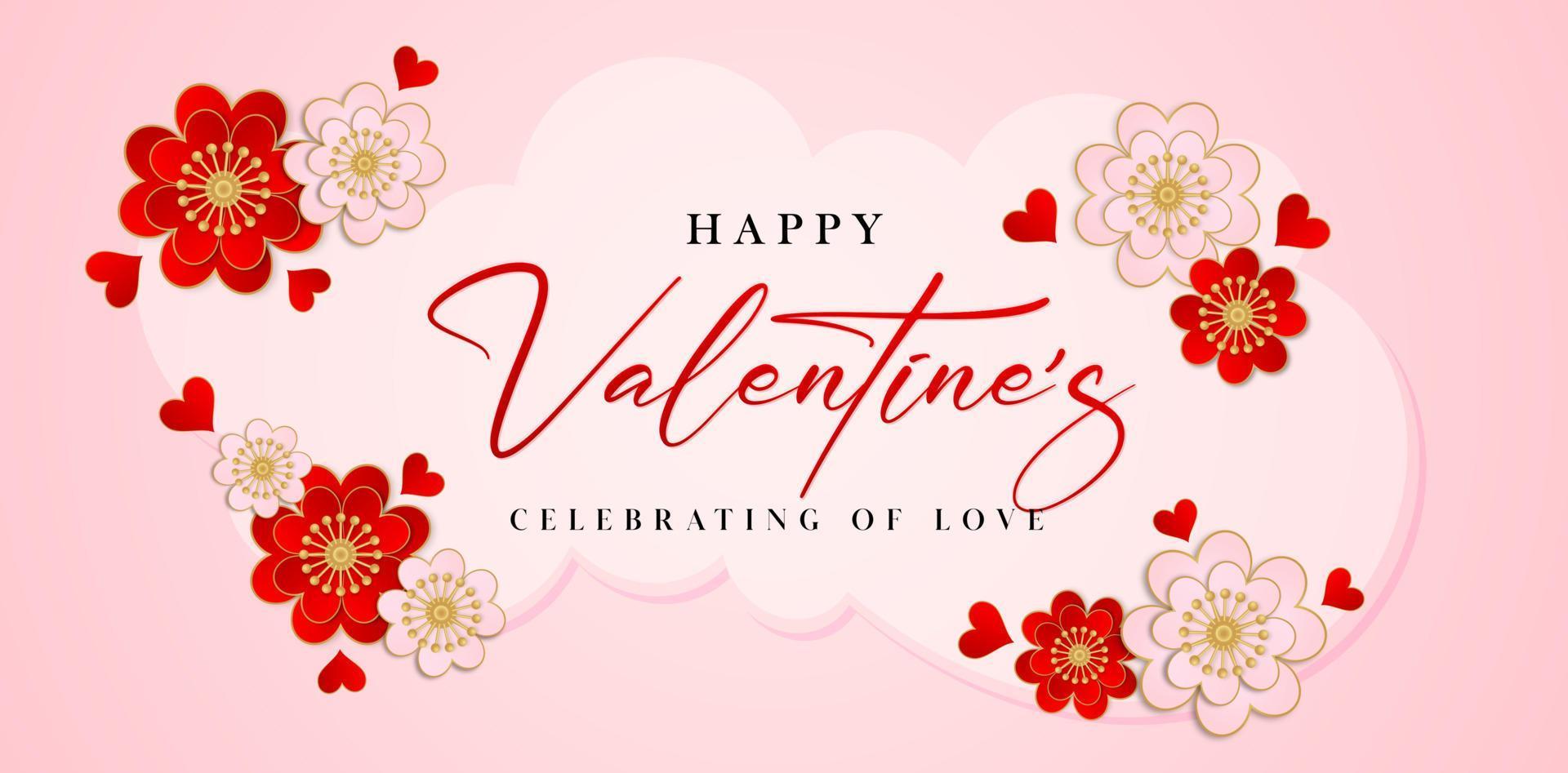 happy valentine day celebrating of love lettering font greeting card with hearts shape vector and clouds frame, applicable for website banner, poster sign ads, printable paper greeting card and gift